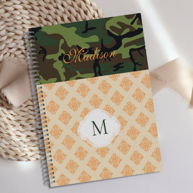 Orange Camouflage Damask Trendy Monogram Planner (Creator Uploaded)