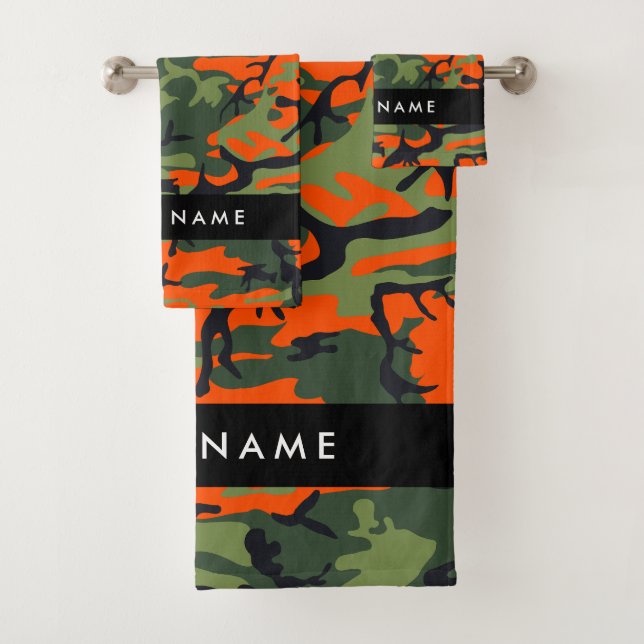 Orange Camouflage Pattern, Your name, Personalise Bath Towel Set (Insitu)