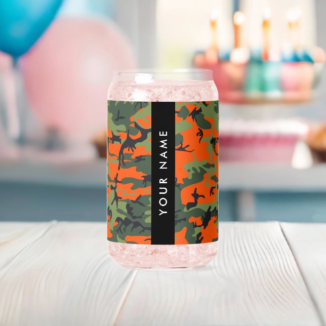 Orange Camouflage Pattern, Your name, Personalise Can Glass (Insitu (Baby Shower))