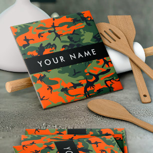Orange Camouflage Pattern, Your name, Personalise Ceramic Tile