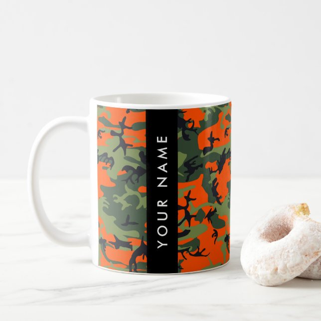 Orange Camouflage Pattern, Your name, Personalise Coffee Mug (With Donut)