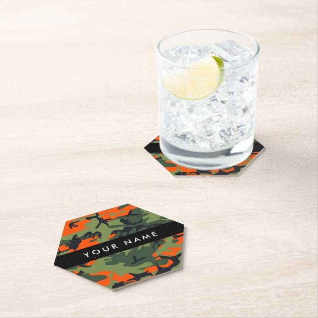 Orange Camouflage Pattern, Your name, Personalise Paper Coaster (Insitu)