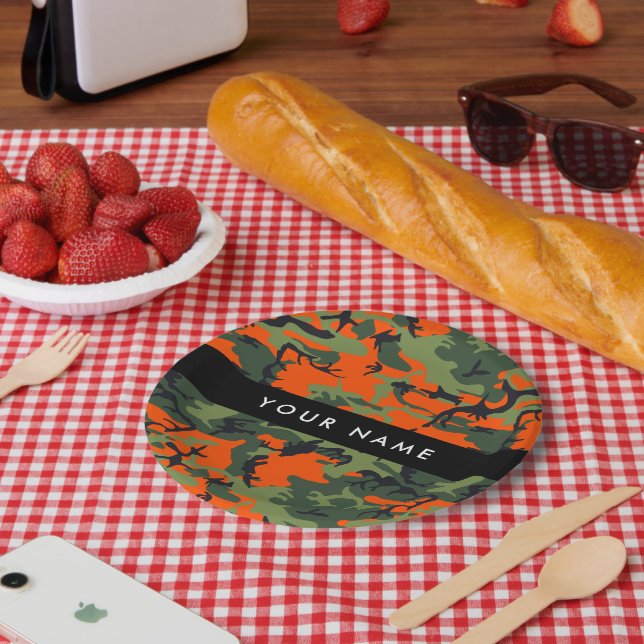 Orange Camouflage Pattern, Your name, Personalise Paper Plate (Picnic)