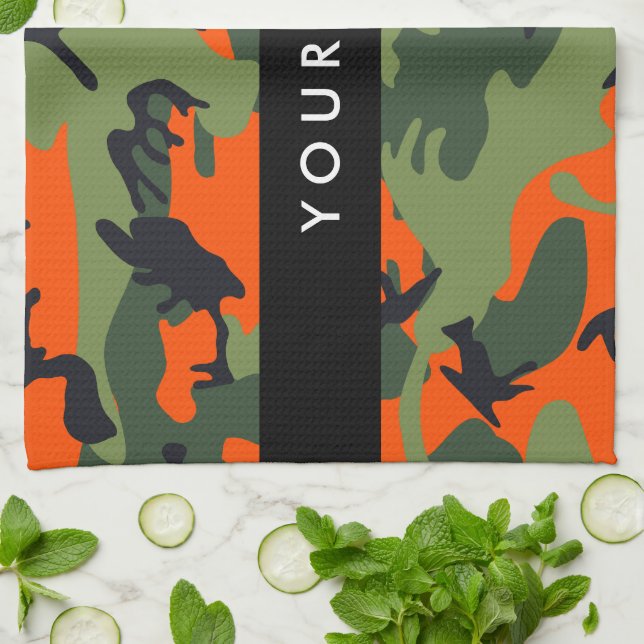 Orange Camouflage Pattern, Your name, Personalise Tea Towel (Folded)