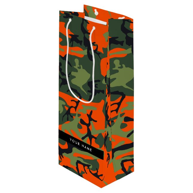 Orange Camouflage Pattern, Your name, Personalise Wine Gift Bag (Front Angled)