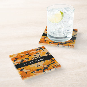 Orange Camouflage Your name Personalise Glass Coaster