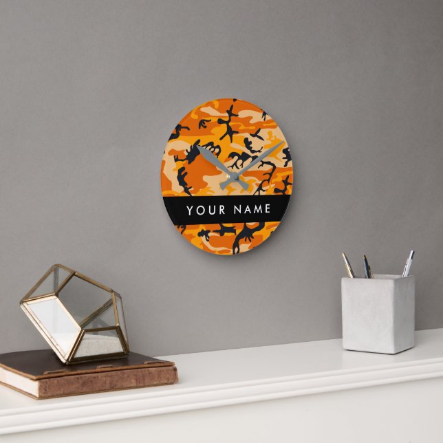 Orange Camouflage Your name Personalise Round Clock (Office)