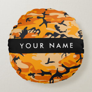 Orange Camouflage Your name Personalise Round Cushion