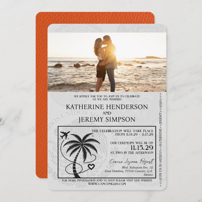 Orange Cancun Passport Wedding Invitation (Front/Back)