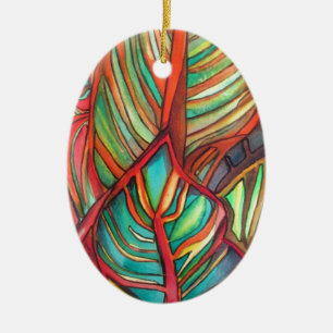 Orange Canna leaves watercolor original art Ceramic Tree Decoration