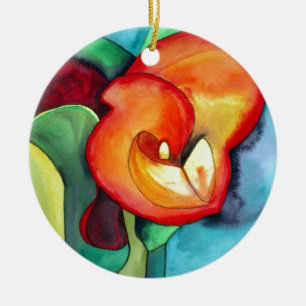 Orange Canna lily flower original watercolor art Ceramic Tree Decoration
