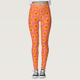 Orange Cape Daisy against Living Coral Background. Leggings