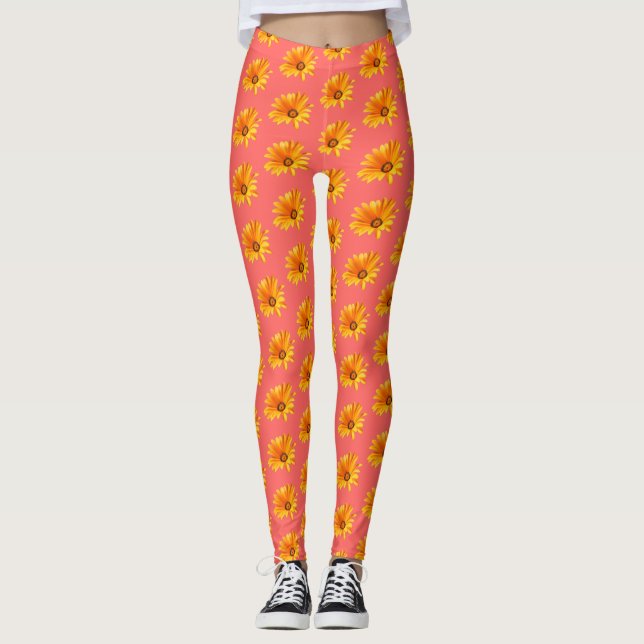 Orange Cape Daisy against Living Coral Background. Leggings (Front)