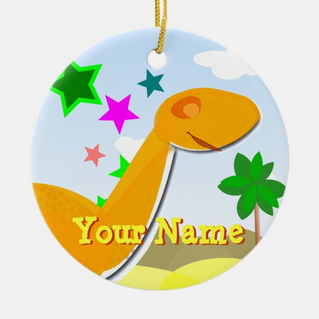 Orange Cartoon Dinosaur Ornament with Name (Front)