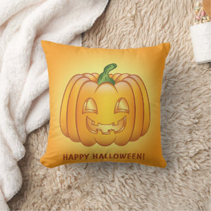 Orange Cartoon Pumpkin And Happy Halloween Text Cushion