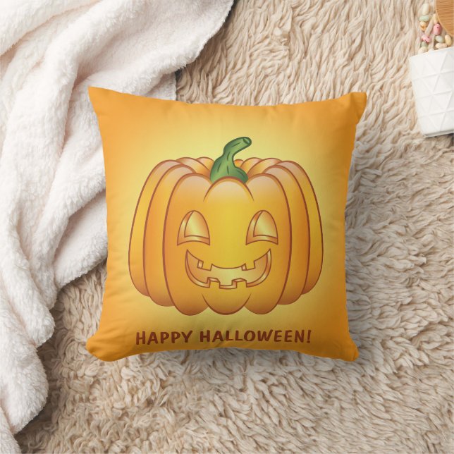 Orange Cartoon Pumpkin And Happy Halloween Text Cushion (Blanket)
