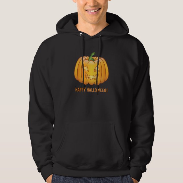 Orange Cartoon Pumpkin And Happy Halloween Text Hoodie (Front)