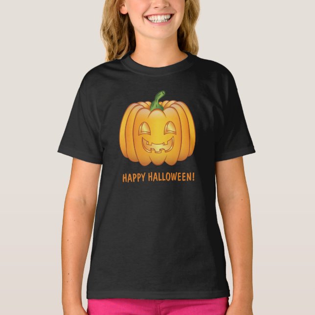 Orange Cartoon Pumpkin And Happy Halloween Text T-Shirt (Front)