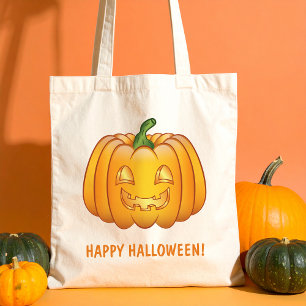 Orange Cartoon Pumpkin And Happy Halloween Text Tote Bag