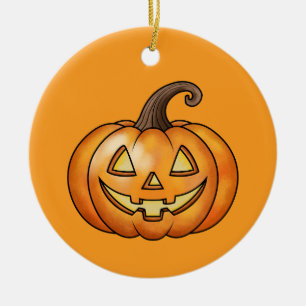 Orange Cartoon Pumpkin With Custom Text Halloween Ceramic Ornament