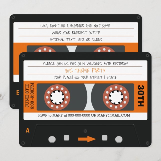 Orange Cassette Tape Retro 80s Birthday Party  Invitation (Front/Back)