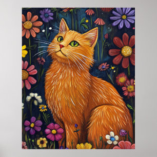 Orange Cat Amid Colorful Blossoms Poster
