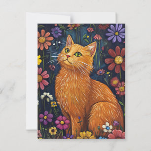 Orange Cat Amid Colourful Blossoms Postcard