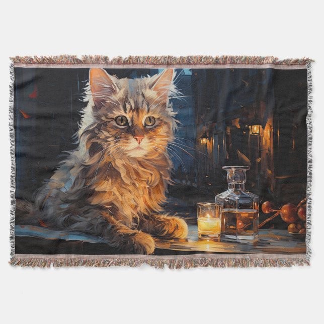 Orange Cat and Cafe Terrace at Night inspired by V Throw Blanket (Front)