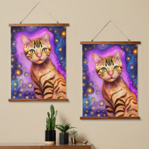 Orange Cat Bright Pink Starry Night Hanging Tapestry
