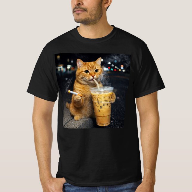 orange cat drinking iced coffee smoking cigarettes T-Shirt (Front)