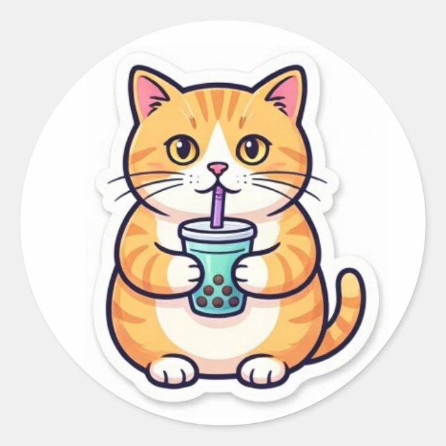 Orange Cat Drinking Juice Sticker Funny Cute Cat (Front)