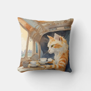 Orange Cat Drinking Tea Cushion