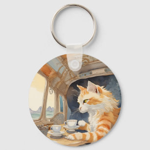 Orange Cat Drinking Tea Key Ring