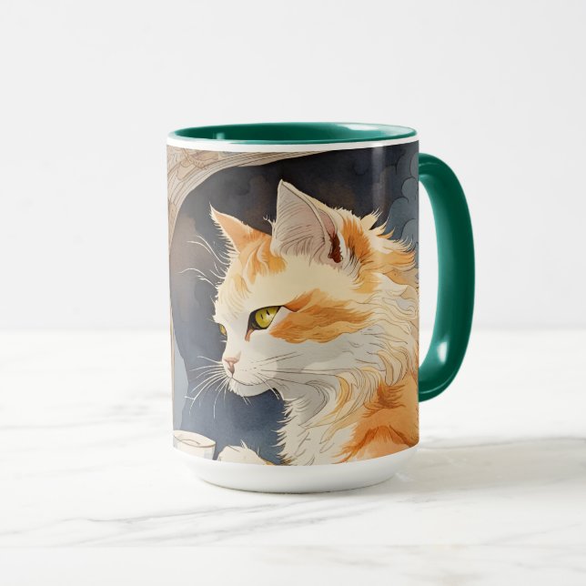 Orange Cat Drinking Tea  Mug (Front Right)