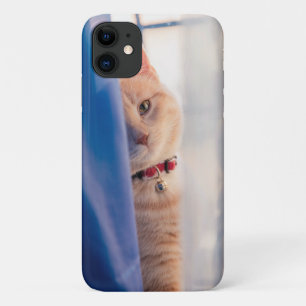 Orange cat face up close necklace,blue iPhone 11 case