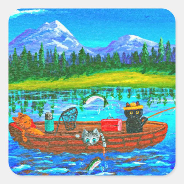 Orange Cat Fishing Creationarts Square Sticker (Front)