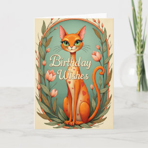 Orange Cat Floral Birthday Card
