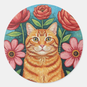 Orange Cat Folk Art Flowers Classic Round Sticker