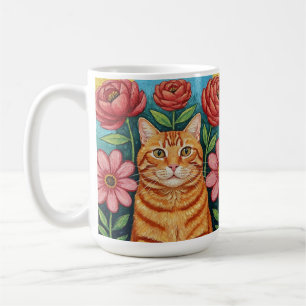 Orange Cat Folk Art Flowers Coffee Mug