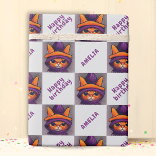 Orange Cat Happy Birthday Kids Birthday Wrapping Paper