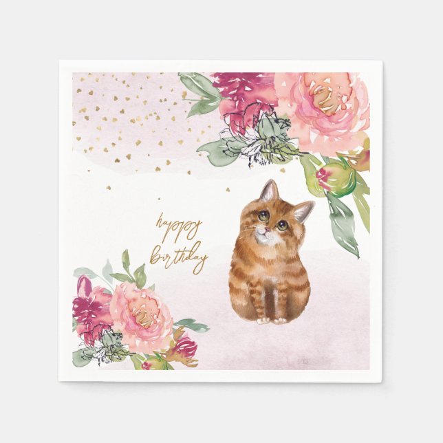  Orange Cat Illustration Happy Birthday Girl Party Napkin (Front)