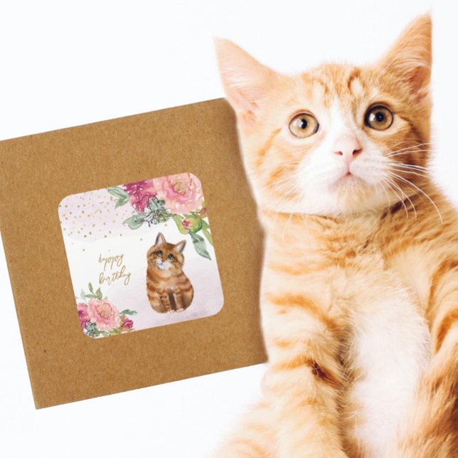  Orange Cat Illustration Happy Birthday Girl Party Square Sticker (Creator Uploaded)