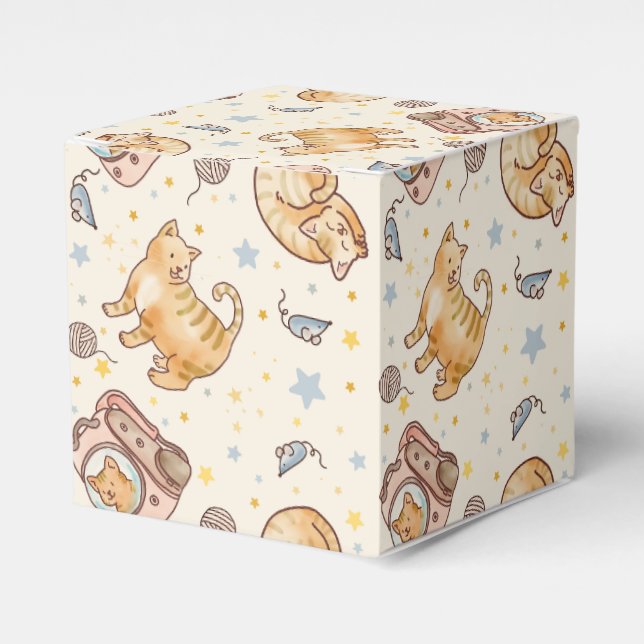 Orange Cat in a Backpack, Stars, and Yarn Favour Box (Front Side)