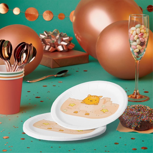 Orange Cat in Sandcastle Beach Scene Paper Plate (Creator Uploaded)