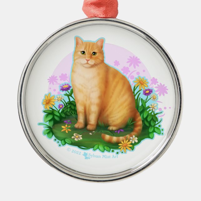 Orange Cat in the Flower Patch Metal Ornament (Front)