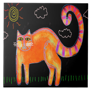 Orange Cat in the Sun Abstract Digital Painting Ceramic Tile