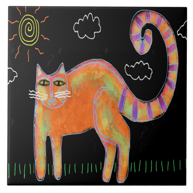 Orange Cat in the Sun Abstract Painting Ceramic Tile (Front)