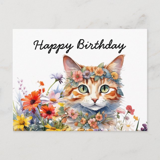 Orange cat is on white background birthday postcard (Front)