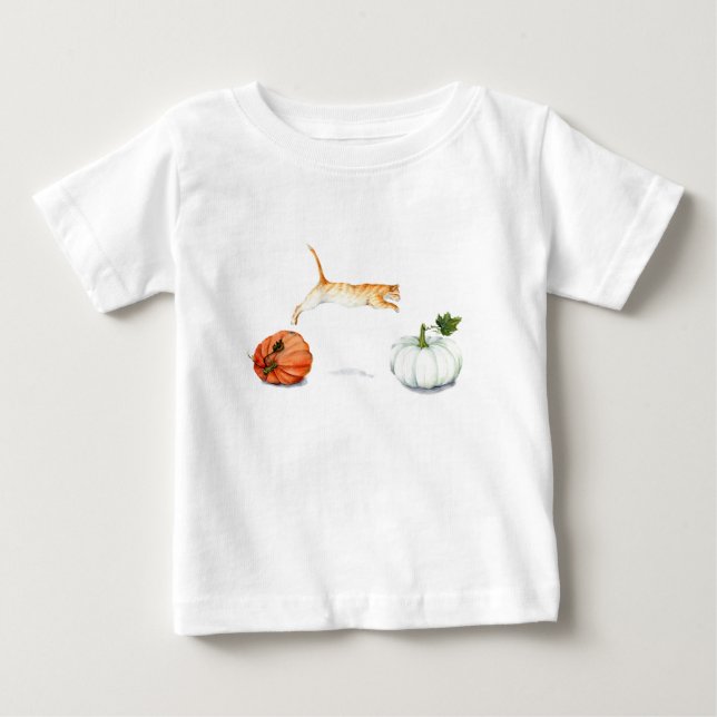 Orange Cat Jumping Between Pumpkins Baby T-Shirt (Front)