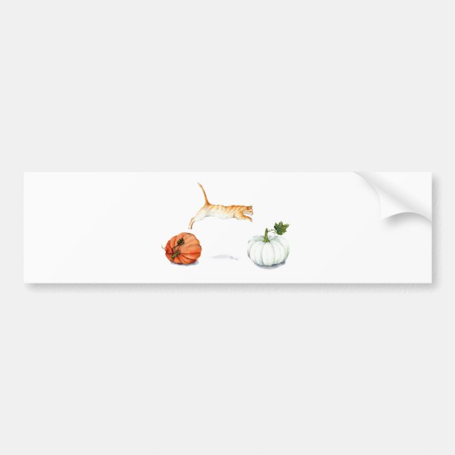 Orange Cat Jumping Between Pumpkins Bumper Sticker (Front)